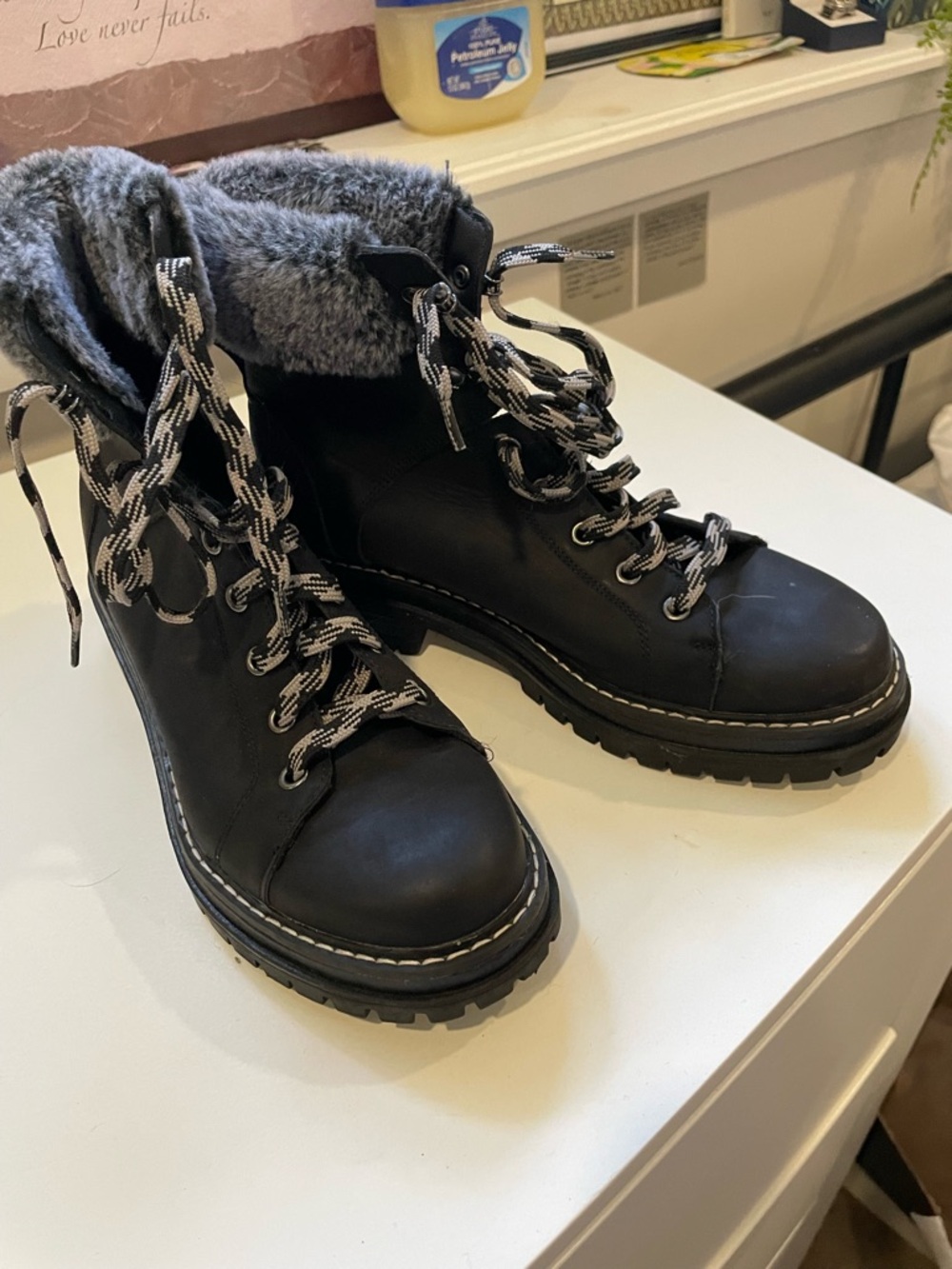 Black Faux-Fur Trim Lace-Up Women’s Boots